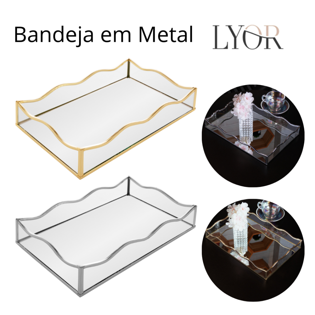 Bandeja C/ Espelho Ocean 20x30cm Preta ou Dourada Metal - Lyor
