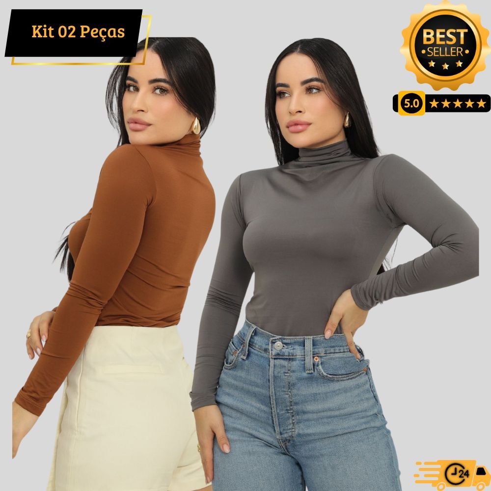 Kit 2 Peças Blusa Feminina Gola Alta Manga Longa Segunda Pele Inverno