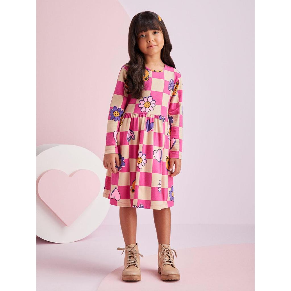 Vestido Infantil Menina Momi | Grid de Ursinhos | Delicado & Confortável  |  Tamanhos: 6,8, e 12