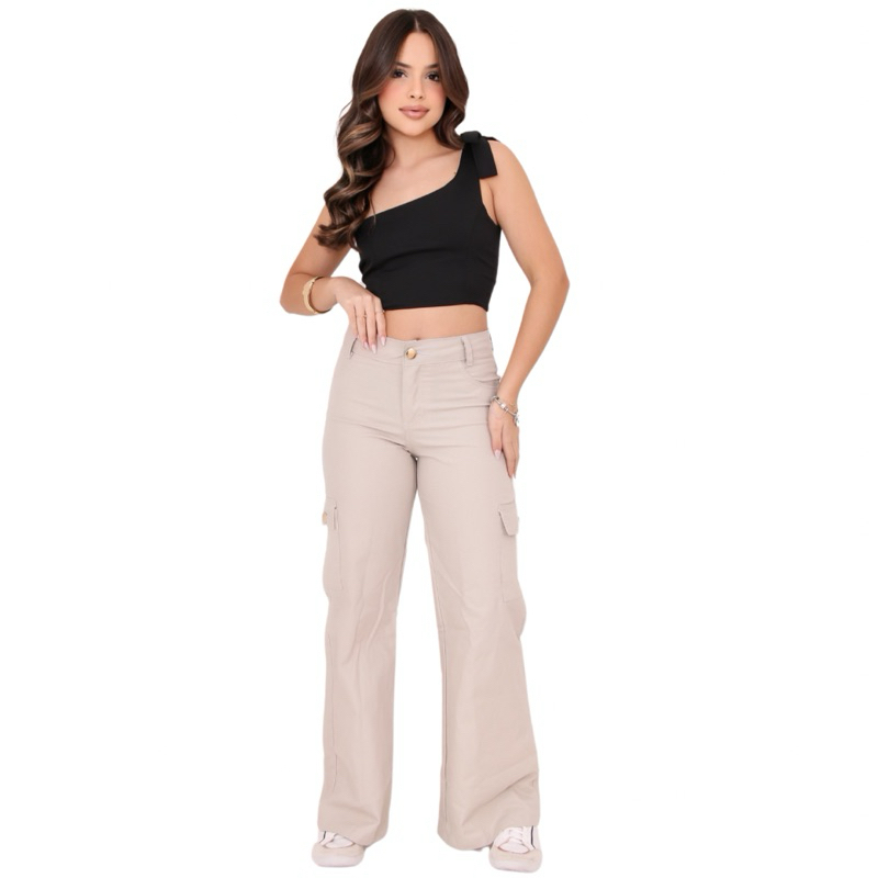 Kit 2 Calça feminina cargo infantil juvenil sarja wid leg blogueirinha bege pantalona