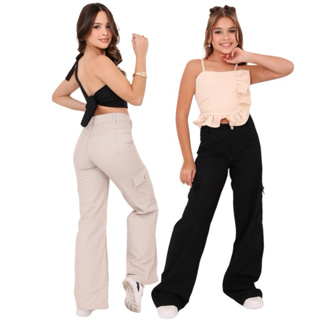 Kit 2 Calça feminina cargo infantil juvenil sarja wid leg blogueirinha bege pantalona em Oferta na Shopee