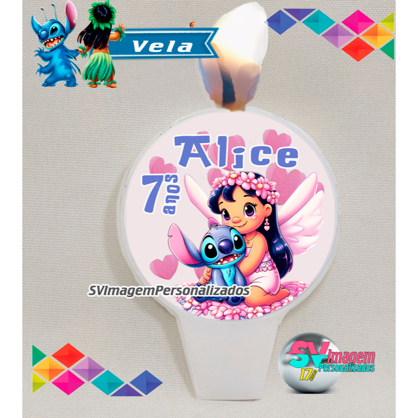 Festa Stitch e Lilo Anjo Vela de Aniversário Personalizada para Bolo