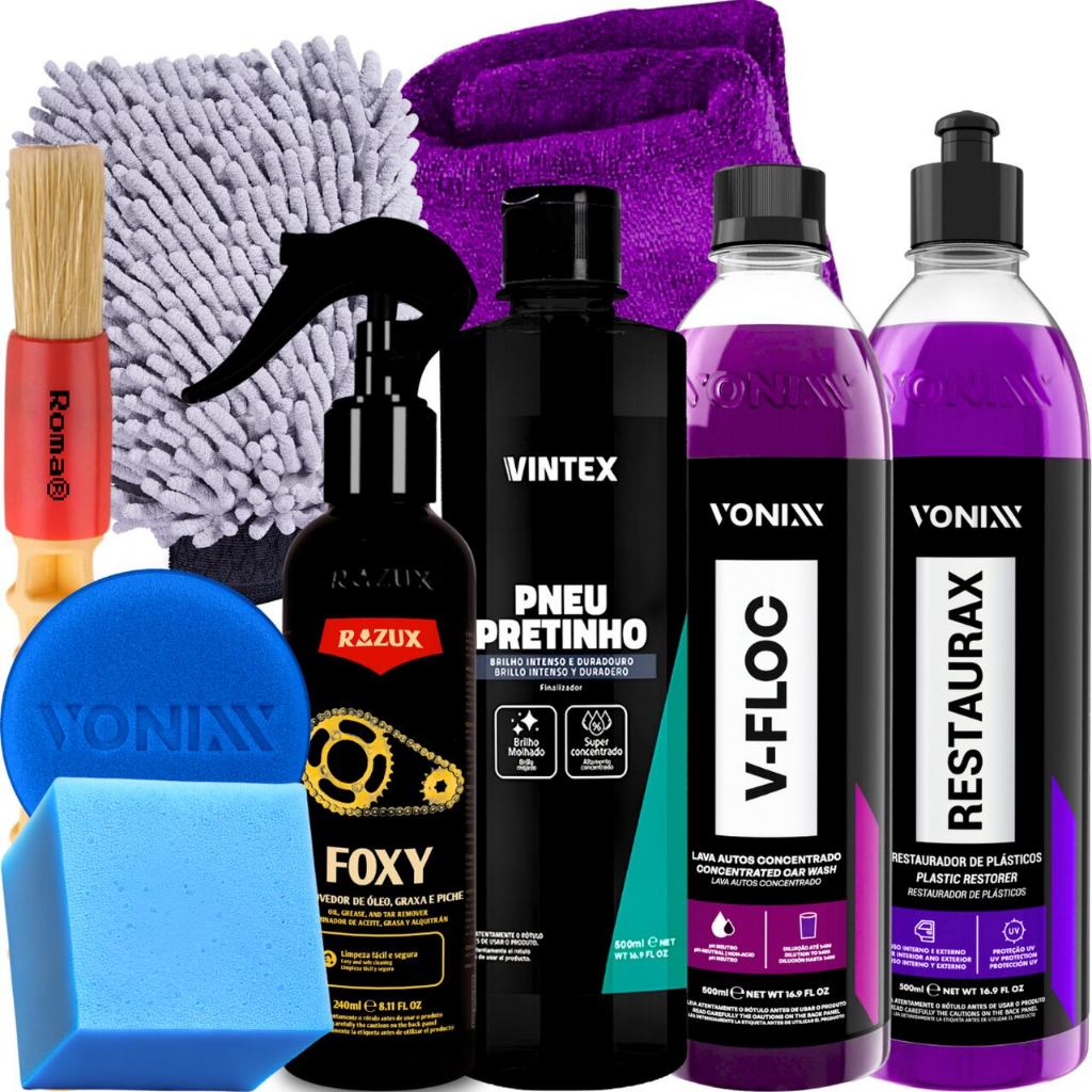 Kit Produto para Lavar Moto Restaurador Shampoo Desengraxante Pretinho Limpador de Corrente Vonixx em Oferta na Shopee