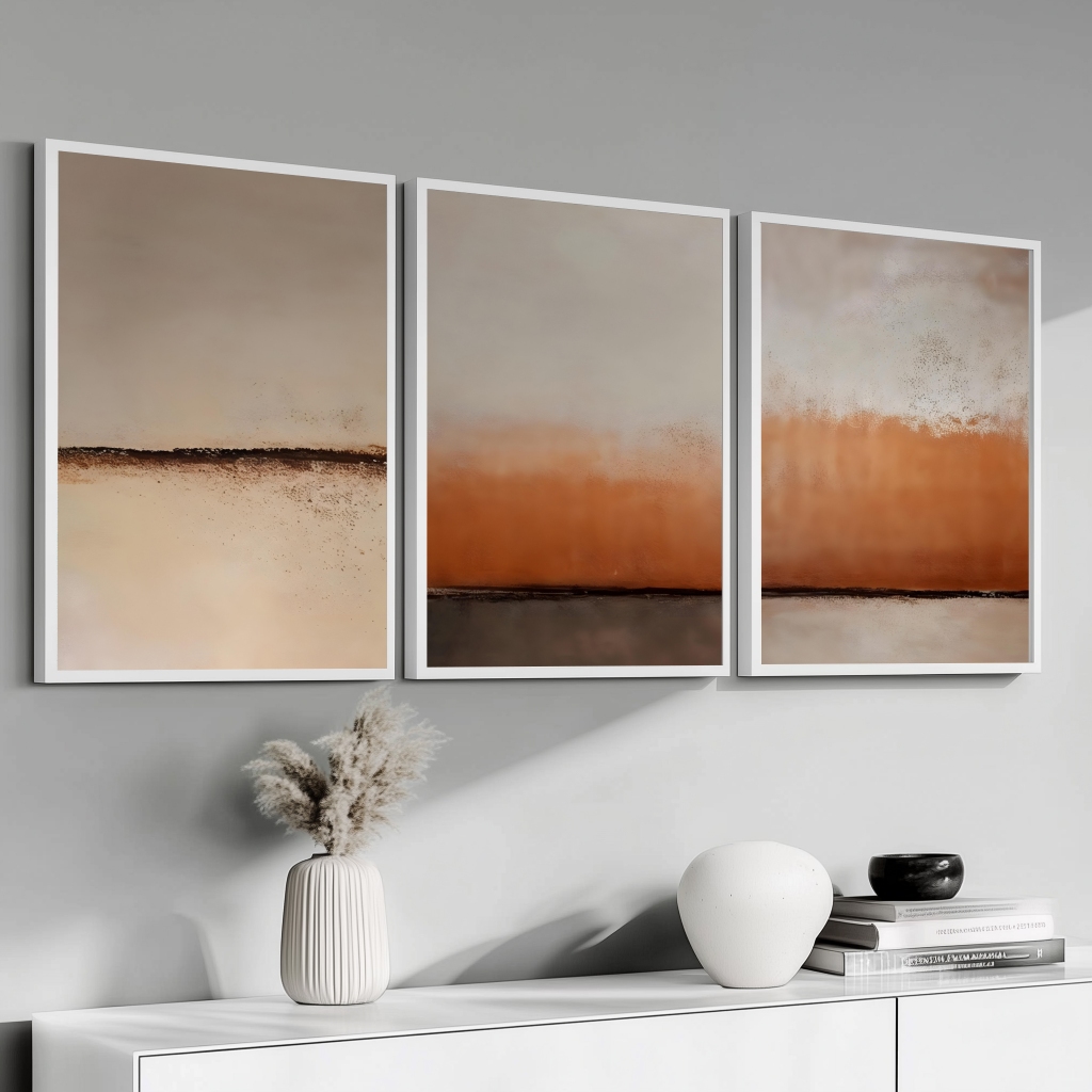 Conjunto 3 Quadros Decoração Tons Terracota Moldura 40x60 Sala Luxo Grande