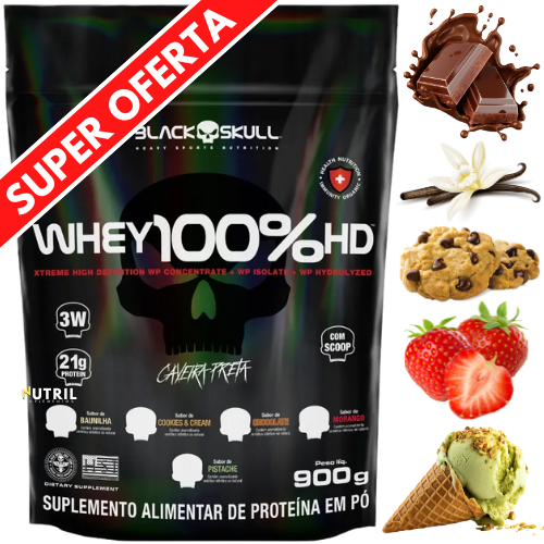 Whey Protein 100% HD Pure BLACK SKULL - Refil 900g  ( Isolado - Hidrolisado - Concentrado )