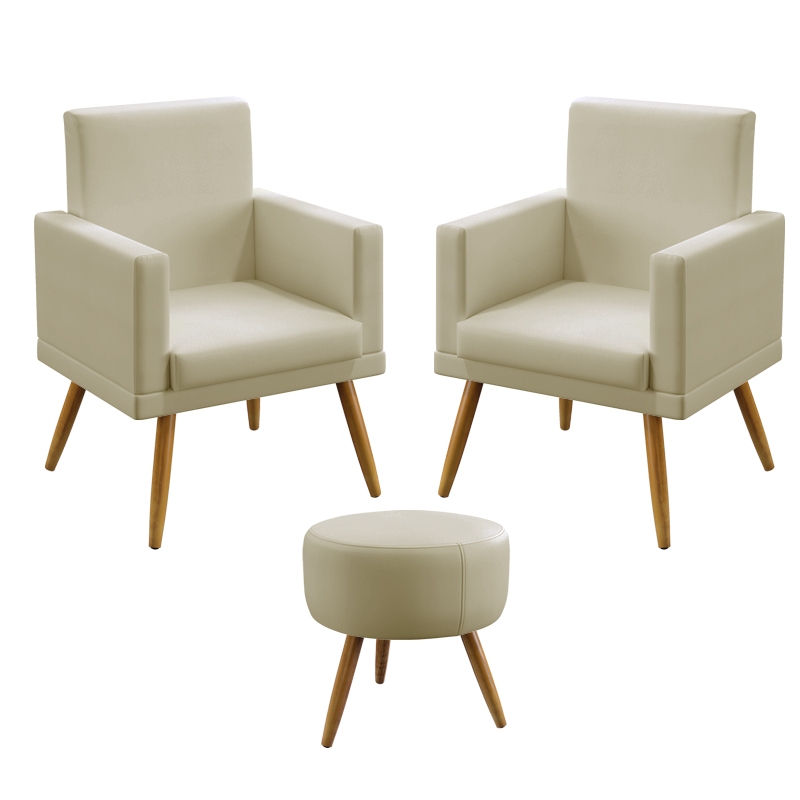 Kit 2 Poltrona Decorativa Vega Rodapé com Puff Solar Tecido Courino - Elegância e Conforto Aradecor