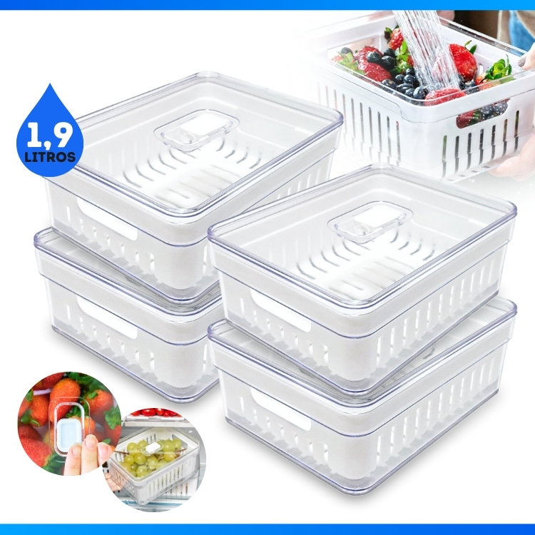 Conjunto 4 Organizador de Geladeira 1,9 Litros Cesto Com Tampa Multiuso Alimentos Verduras Vegetais