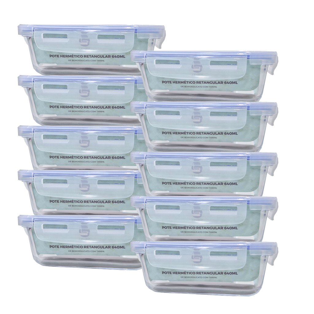Kit Potes Herméticos Alimentos Marmita Fitness vidro Retangular 17x12,5cm - 640ml / 15x11 - 370ml - GP Home - Home & Living