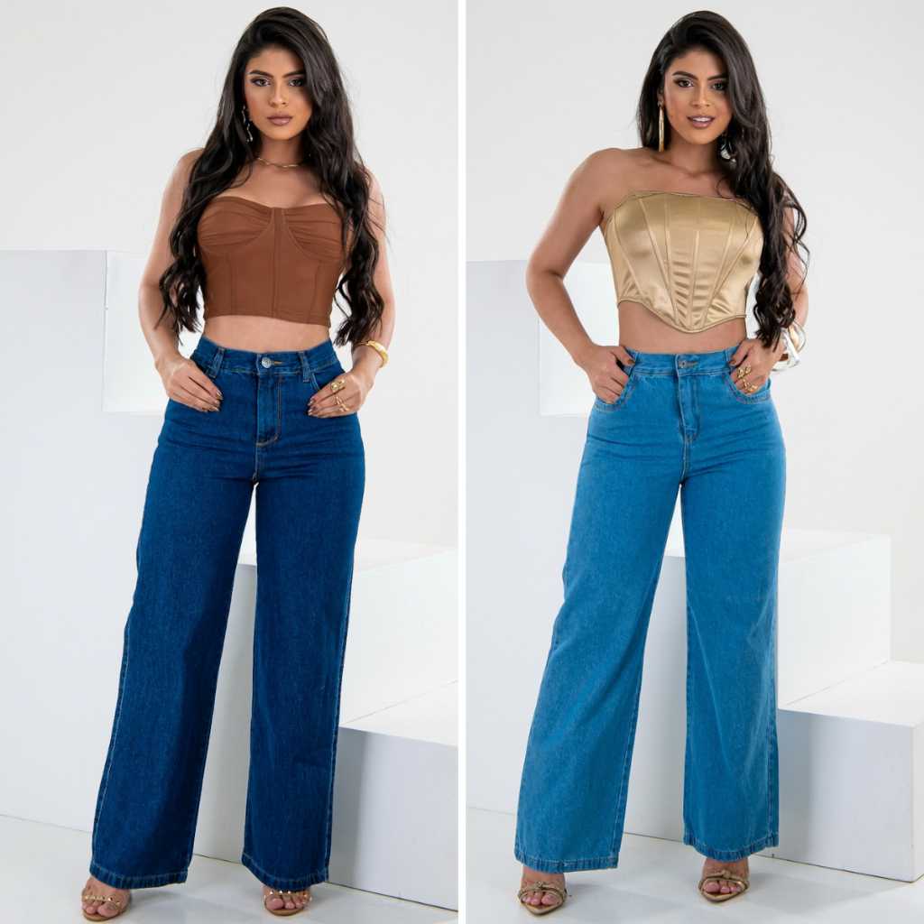 Kit 2 Calça Wide Leg Feminina cintura alta 100% algodão em Oferta na Shopee