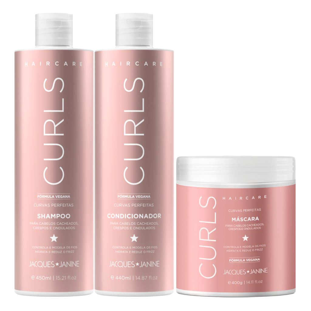 Kit Jacques Janine Hair Care Curls Shampoo 450ml Condicionador 440ml Máscara Creme Hidratação 400g