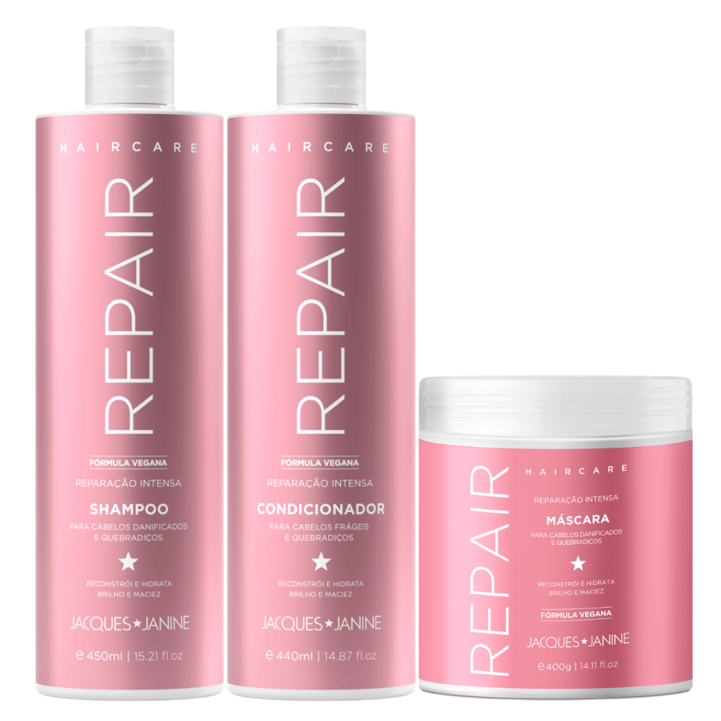 Kit Jacques Janine Hair Care Repair Shampoo 450ml Condicionador 440ml Máscara Reconstrução 400g - Beauty