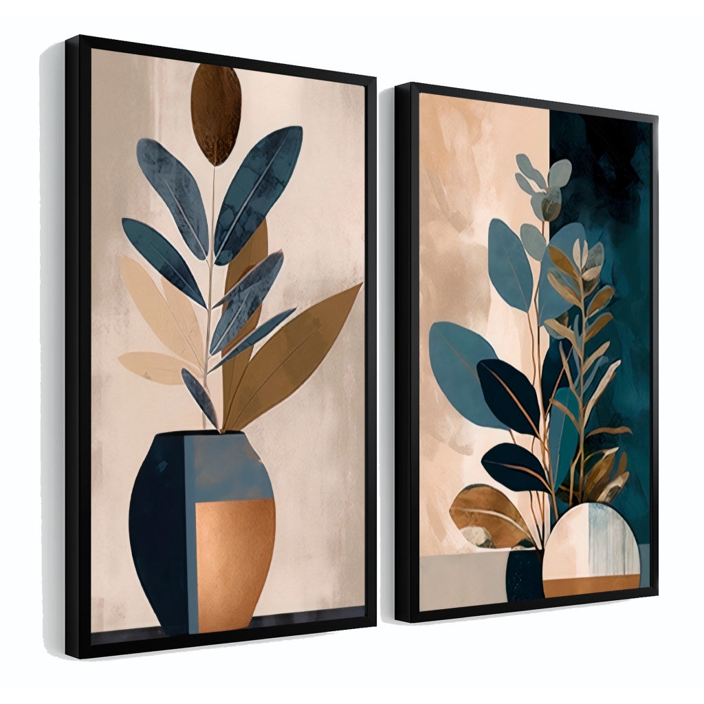 Conjunto 2 Quadros Moldura 40x60 Folhagem Abstrato Sala Grande Luxo Escritório