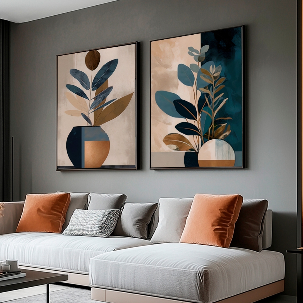 Quadros Decorativos Diptico Moldura 50x70 Folhagem Abstrato Sala Grande Escritório