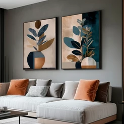 Quadros Decorativos Diptico Moldura 50x70 Folhagem Abstrato Sala Grande Escritório