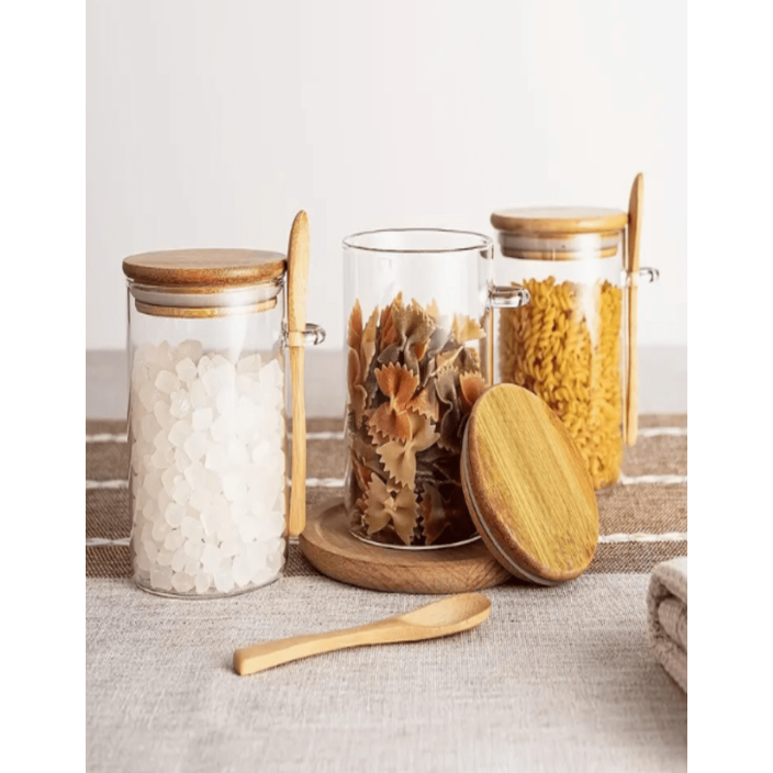 Kit 3 Pote De Vidro Hermético Tampa De Bambu 400ml Com Colher De Bambu em Oferta na Shopee