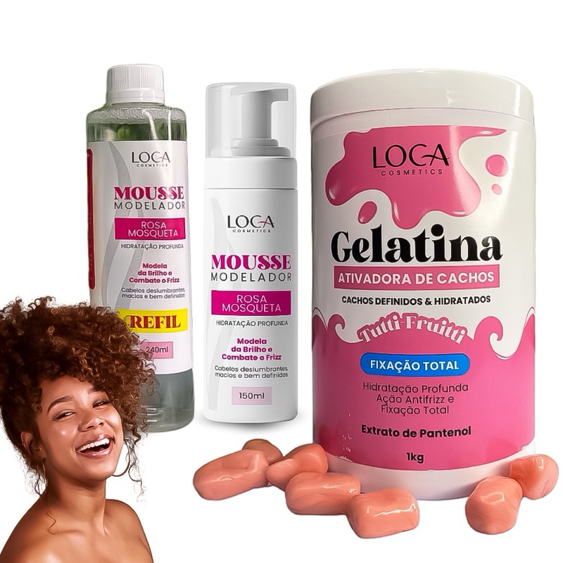 Kit Gelatina Ativadora de Cachos 1kg + Mousse Modelador + Refil 240ml Loca Comestics