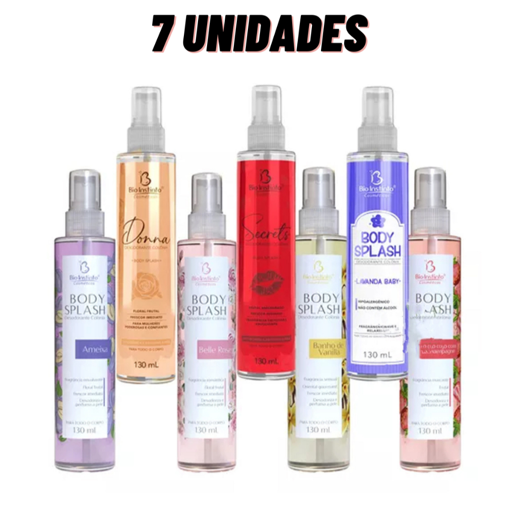 Kit 7x Desodorante Colônia Body Splash Ameixa, Morango, Vanilla, Belle Rose, Donna, Secrets e Lavanda 130ml Bio Instinto
