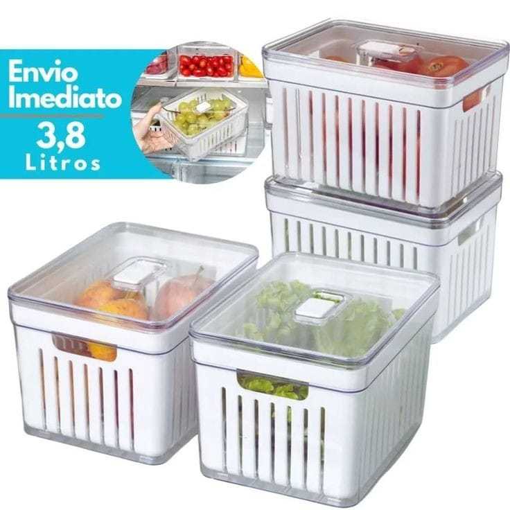 Organizador de Geladeira 3,8 Litros Cesto Tampa Multiuso Alimentos Verduras Frutas Vegetais
