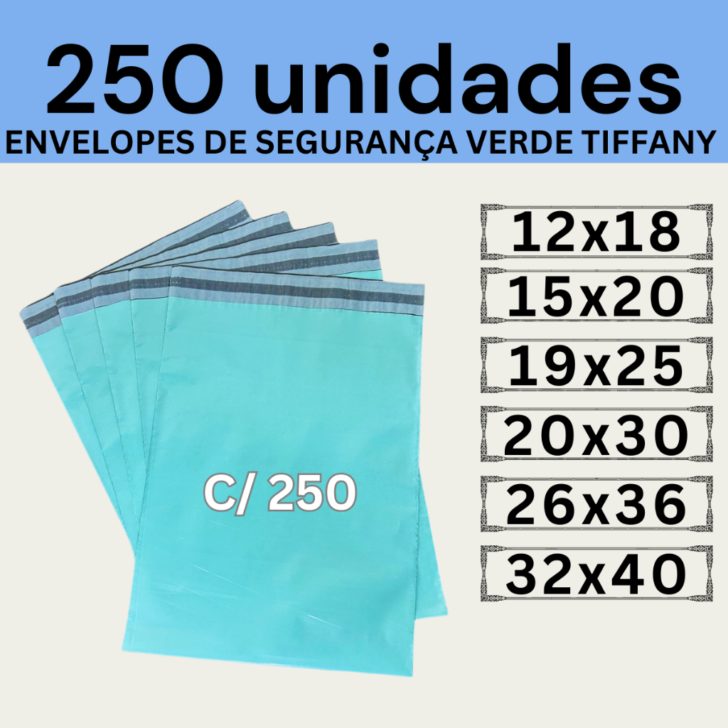 Kit 250 Envelopes Segurança Verde Tiffany Embalagem De Envio 12x18 15x20 19x25 20x30 26x36 32x40 em Oferta na Shopee