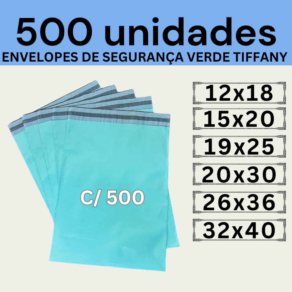 Kit 500 Envelopes Segurança Verde Tiffany Embalagem De Envio 12x18 15x20 19x25 20x30 26x36 32x40 40x50