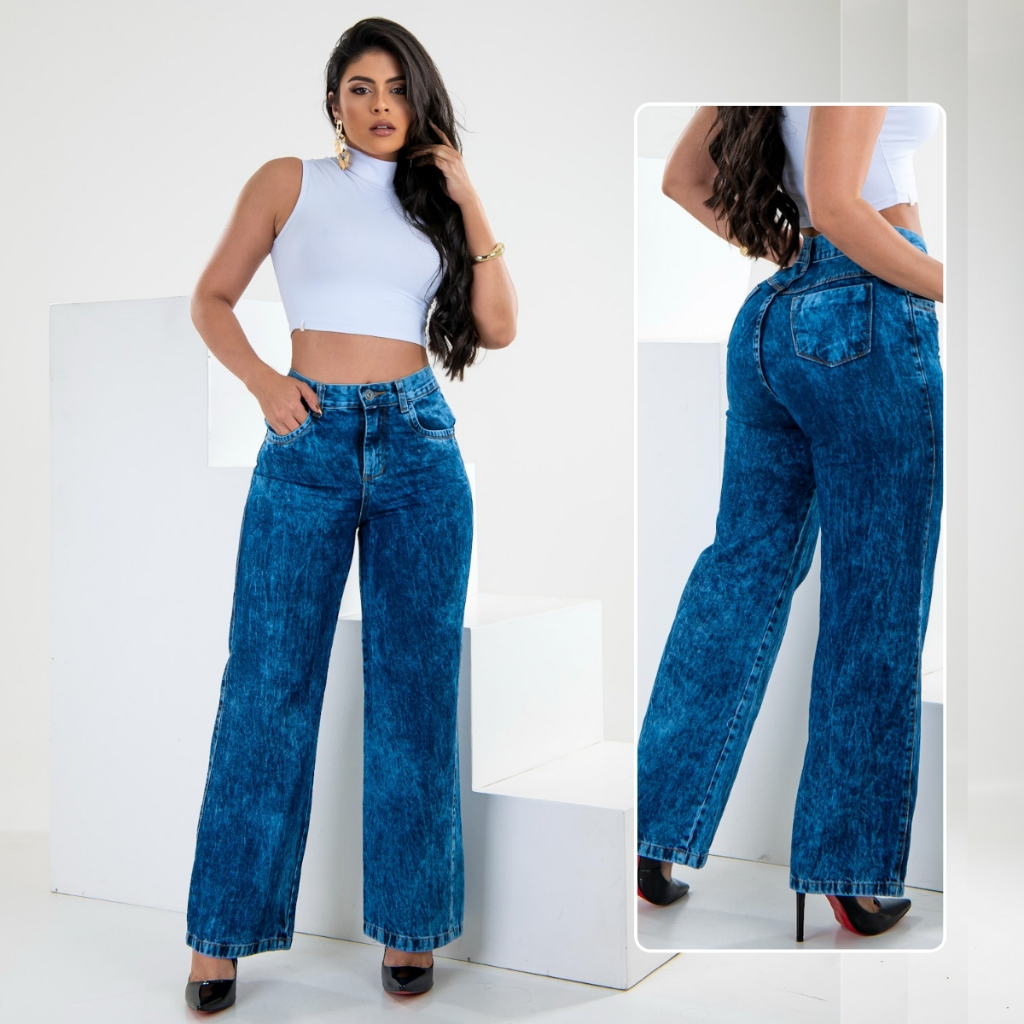Calça Wide Leg Jeans Feminina Cintura Alta 100% Algodão Premium