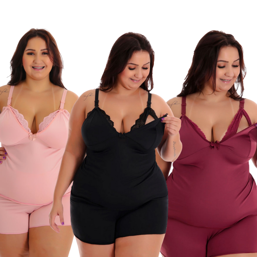 Kit 3 Baby Doll Amamentação Plus size Pós Parto Gestante - Cores Sortidas