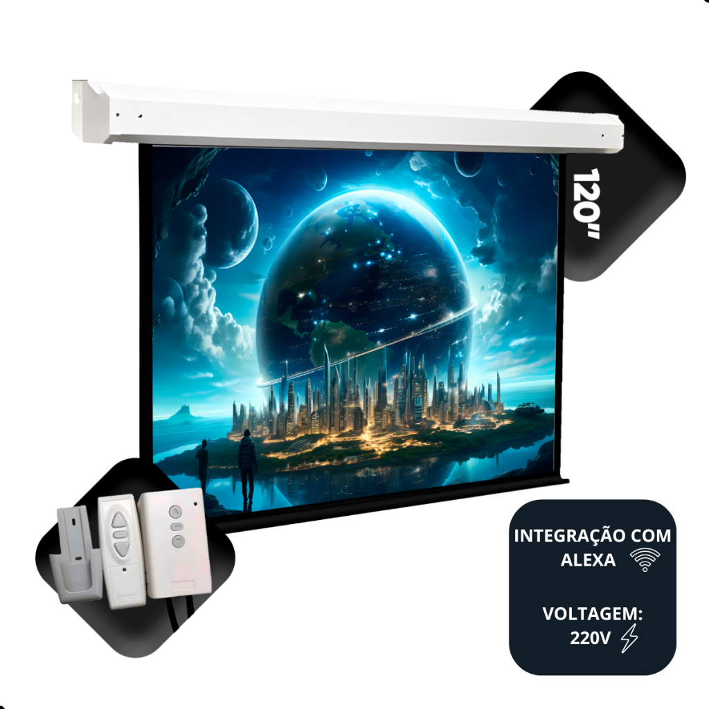 Tela De Projeção Elétrica 120pol Retratil Com Controle Remoto Automação Com Alexa 220v
