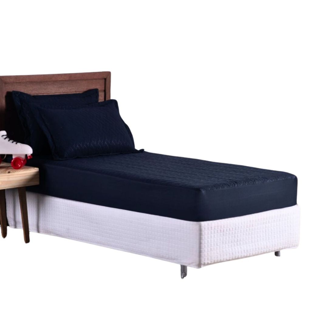 Colcha Roupa Cama Edredom Solteiro 5 Pçs Matelado Elasticada Marinho Simples Quarto Menino Barato
