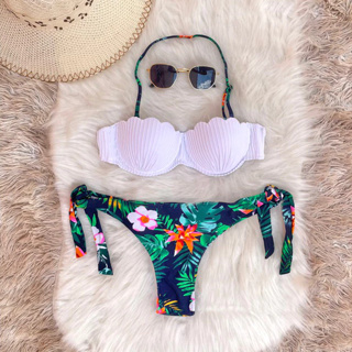 Biquíni Top Alça Removivel Concha Sereia Detalhes Strass Calcinha Tanga Estampada Floral Dupla face em Oferta na Shopee
