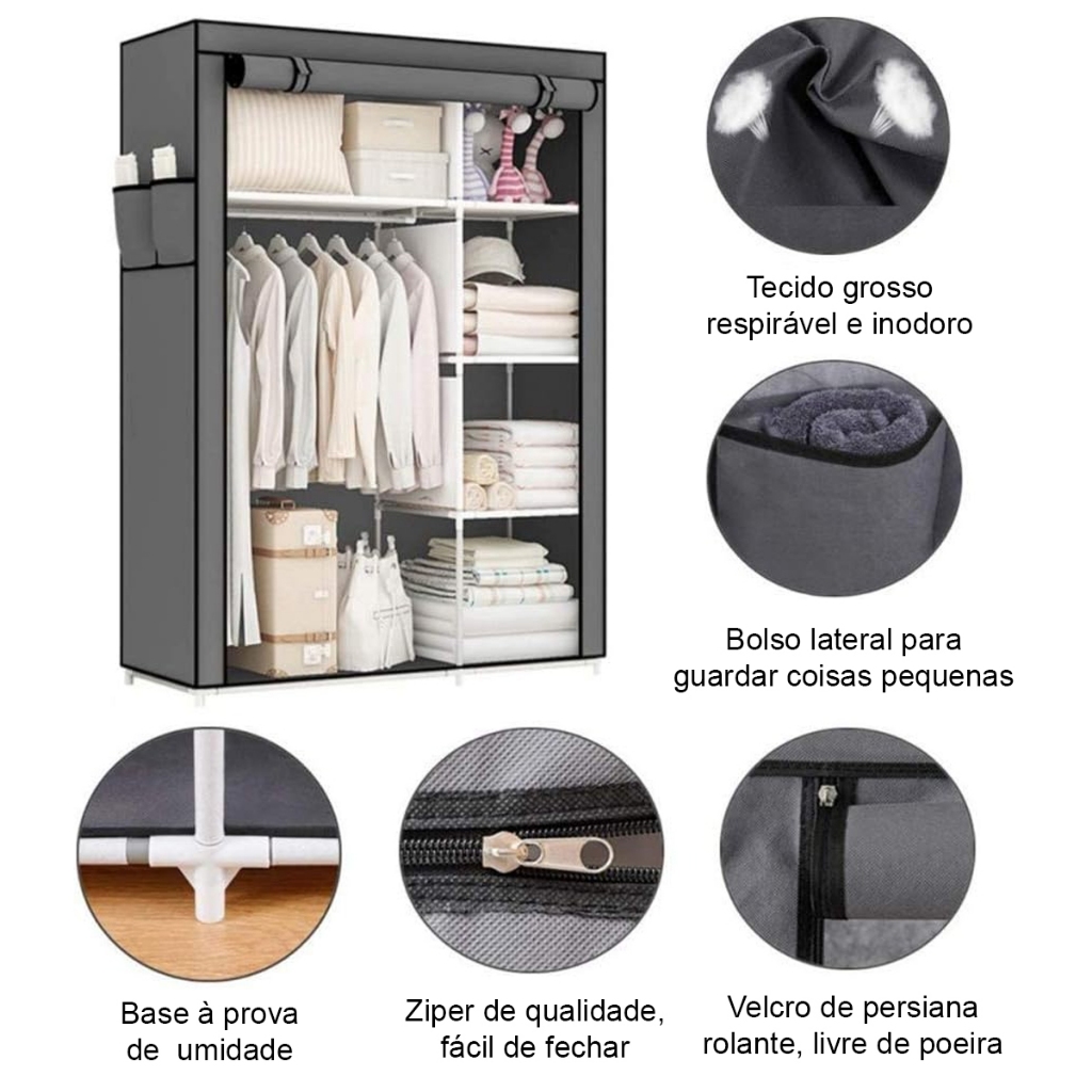 Detalhes do Guarda-Roupa Dobrável 6 Compartimentos 170x130x45 cm – Organize Seu Espaço com Praticidade!