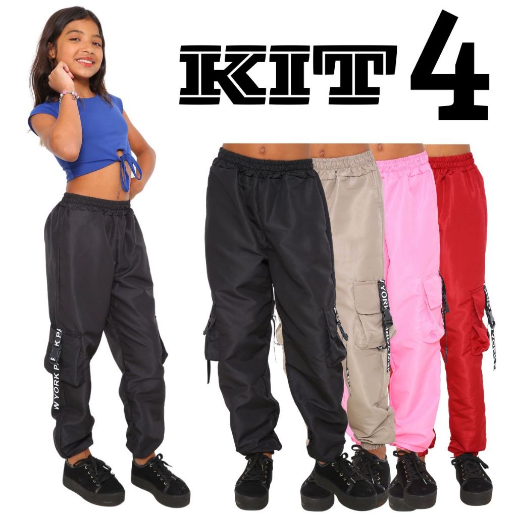 PROMOÇAO KIT 4 Calça Feminina Infantil Para Meninas Estilosas Calça Cargo Jogger 4 Bolso Tecido Tactel Moda Criança em Oferta na Shopee