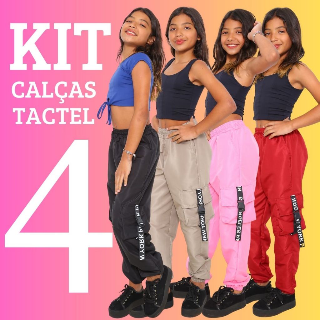 PROMOÇAO KIT 4 Calça Jogger Infantil Feminina Para Meninas Estilosas Calça Cargo 4 Bolso Tecido Tactel Moda Crianças t
