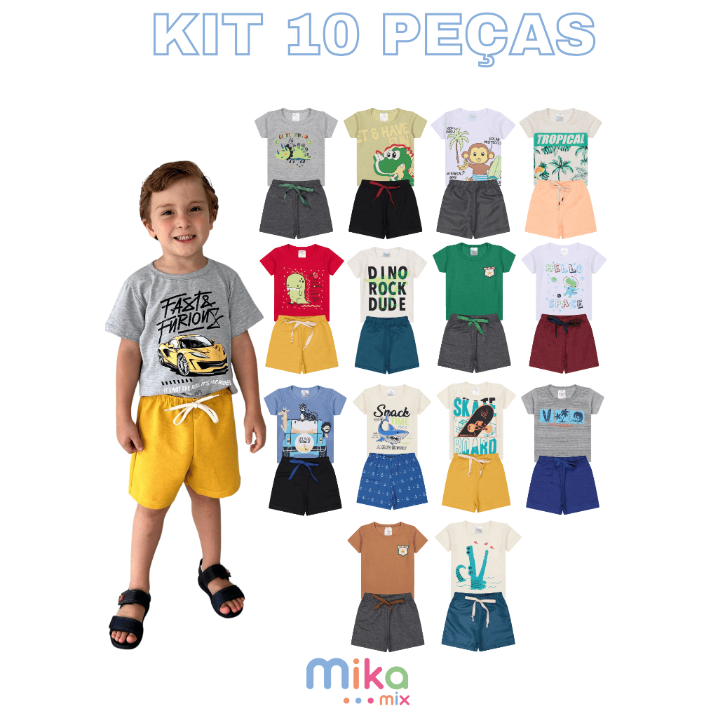Kit Infantil Verão Masculino 10 Peças – 5 Camisetas + 5 Bermudas Sortidas (Tamanhos 1 a 8 Anos)