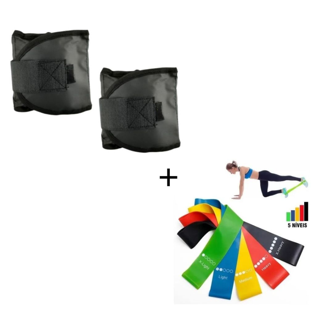 Kit Treino Academia Par Caneleira 2 Kg + Kit 5 Faixas Elásticas Theraband Academia Musculação