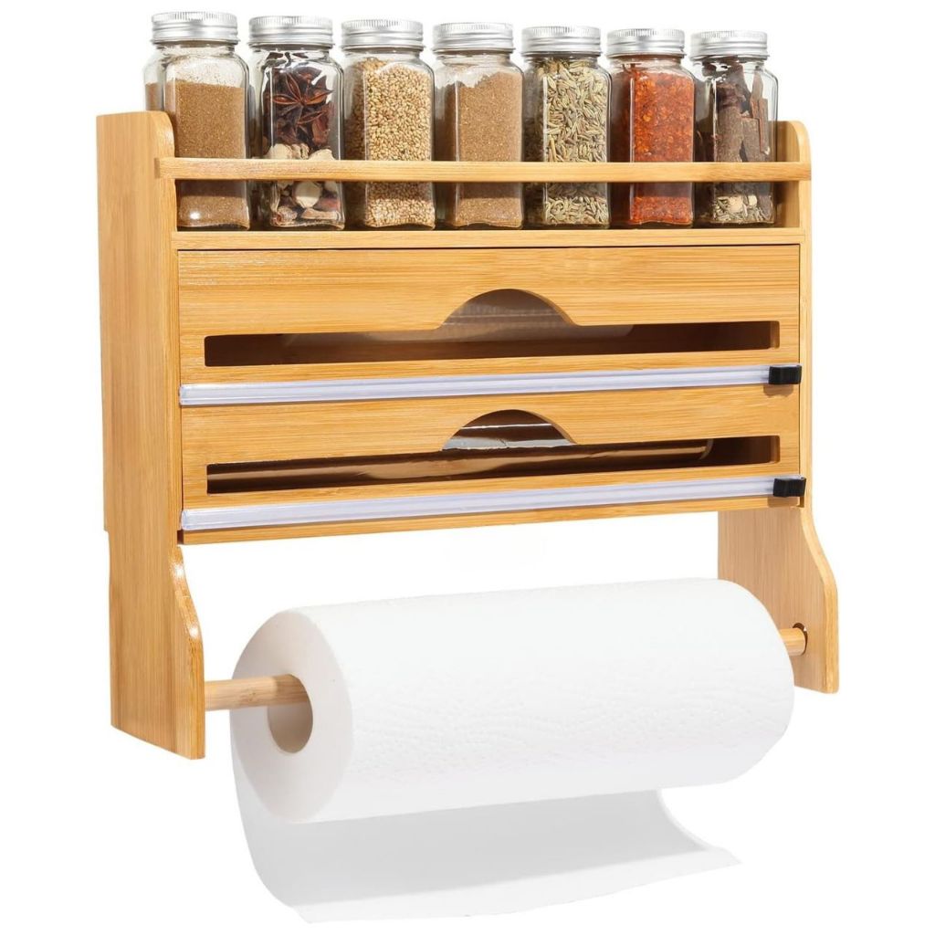 Suporte Organizador Porta Rolo Duplo Bambu Papel Toalha Aluminio Tempero Filme PVC Plastic...