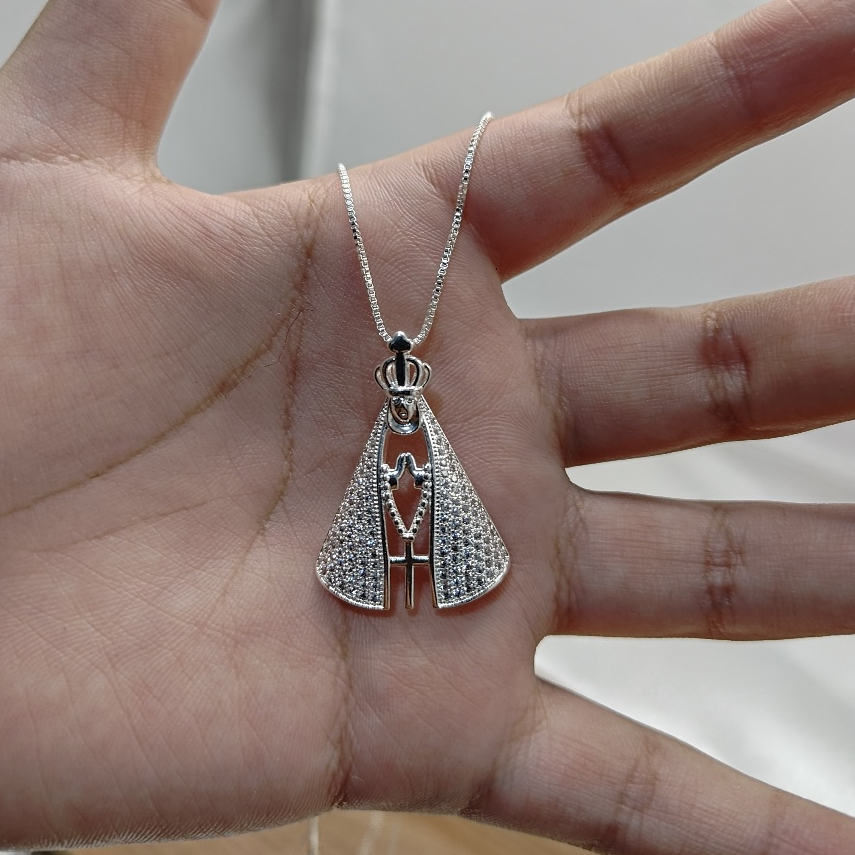 Colar Nossa Senhora Aparecida , Colar Feminino Folheado a prata 925 Nossa Senhora Aparecida  Joia Religioso