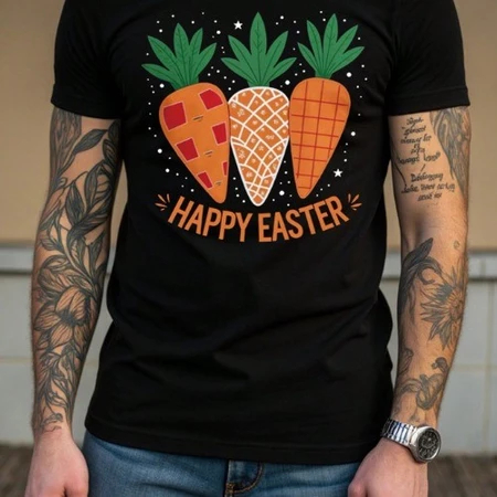 Camiseta Casual Masculina com Impressão de Cenoura e Letra para a Páscoa 100% Algodão
