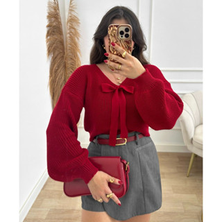 Cropped Feminino Tricot Manga Bufante Laço Blusa Inverno Frio