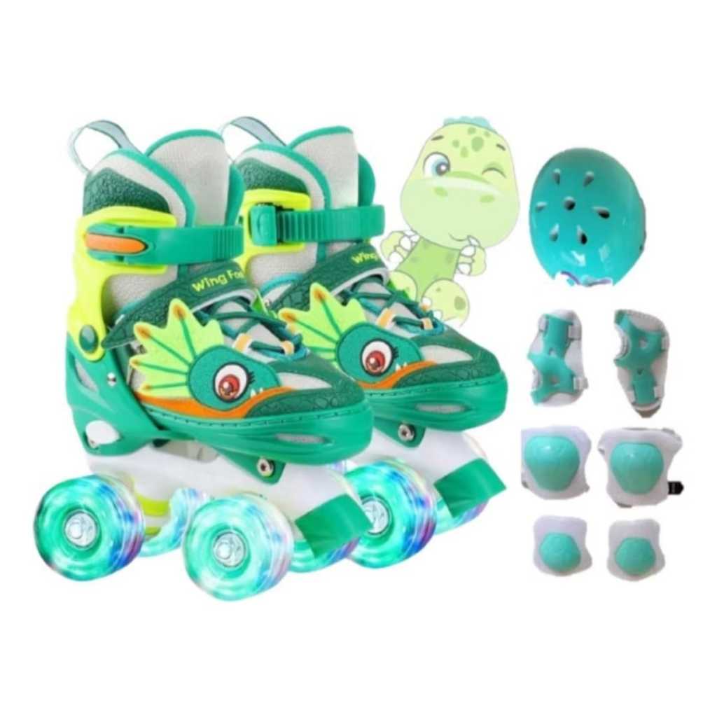 Patins Infantil Dinossauro Verde E Azul Quatro Rodas Com Luz De Led E Kit Proteção em Oferta na Shopee