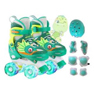 Patins Infantil Dinossauro Verde E Azul Quatro Rodas Com Luz De Led E Kit Proteção em Oferta na Shopee