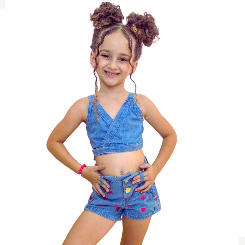 Conjunto Top e Short Jeans Infantil Menina Passeio Festa Aniversário Verão Férias Shopping Juvenil