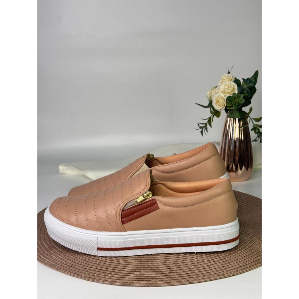 Tênis Feminino Nude Sapatênis Sapatilha  Confortável Slip On Casual Com Zíper Envio Imediato