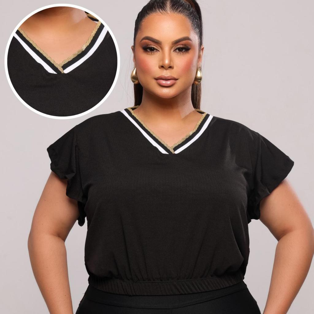 Blusa Cropped Feminina Plus Size Canelada Gola V Elegante