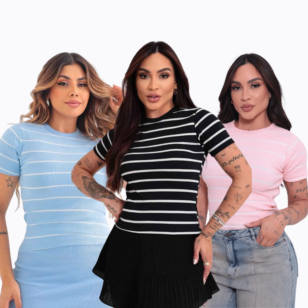 3 Kit Camiseta de Algodão Feminina - Blusinha Canelada e Confortável