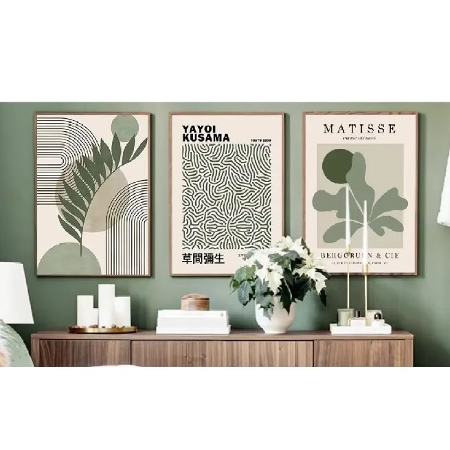 Quadros decorativos Matisse folha verde coral geometria flor mercado (3 peças)