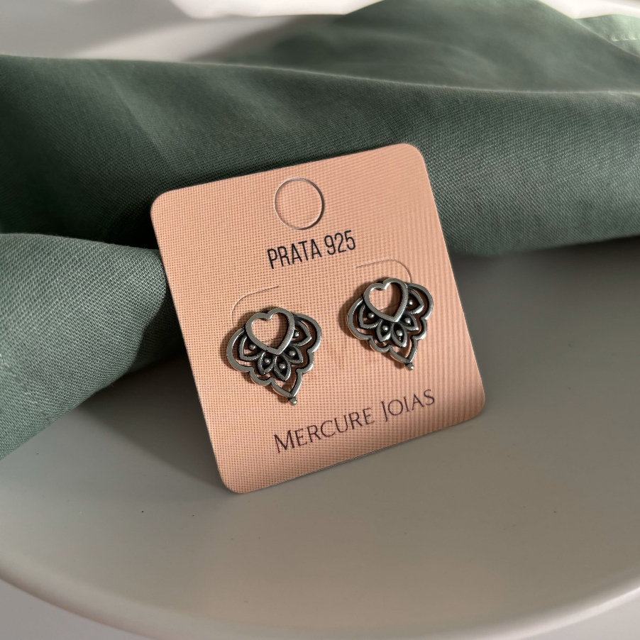 Brinco Feminino Coração Arabesco Mandala Vazado Prata 925 - Prata de Lei Prata Maciça Prata de Bali Presente Romântico