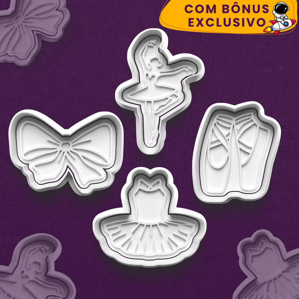 Kit 4 Cortador Marcador Cookie Ballet Balé Bailarina Sapatilha Vestido Tutu Laço Biscoito Pasta Festa