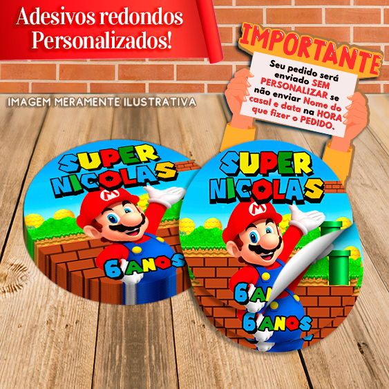 Adesivos Redondos Personalizados Mario Bros
