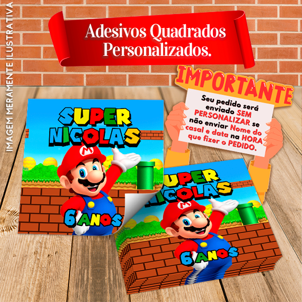 Adesivos Quadrados Personalizados Mario Bros Luigi Princesa Peach