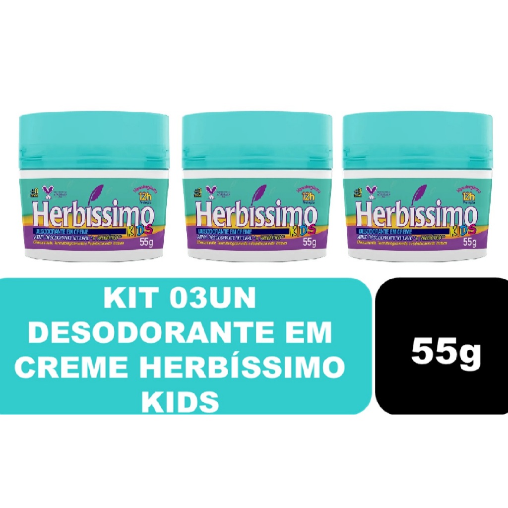 Kit 03un Desodorante Em Creme Herbíssimo Kids Prebiótico 55g em Oferta na Shopee